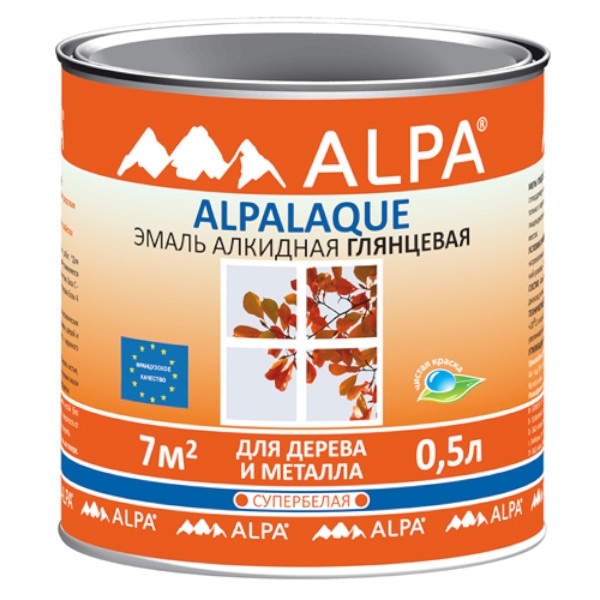 Альпа эмаль глянцевая Супербелая ALPALAQUE для внутр и нар. работ по металлу 0,5л/0,56кг(6) (528)