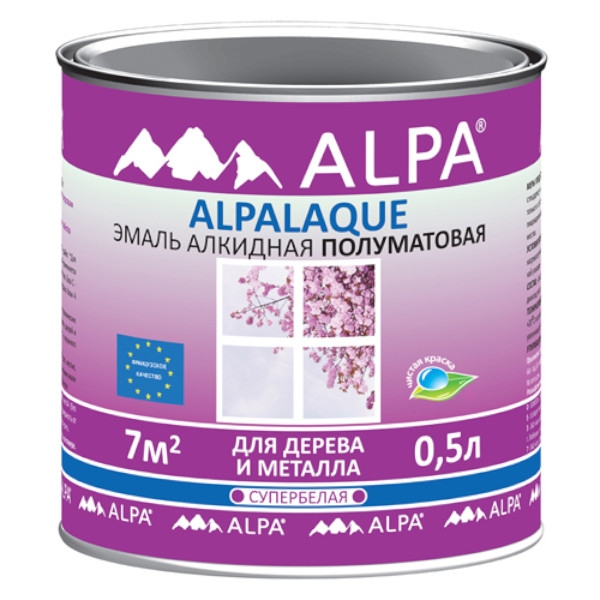 Альпа эмаль полуматовая Супербелая ALPALAQUE для внутр и нар. работ по металлу 0,5л/0,65кг (6) (528)